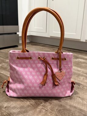 Dooney & Bourke Purse Tassel Tote Bag Pink Canvas & Tan Leather